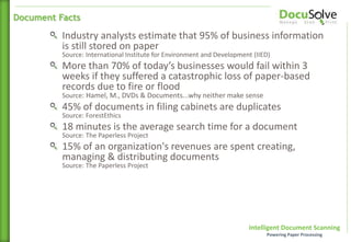 Intelligent Document Scanning
Powering Paper Processing
Industry analysts estimate that 95% of business information
is still stored on paper
Source: International Institute for Environment and Development (IIED)
More than 70% of today’s businesses would fail within 3
weeks if they suffered a catastrophic loss of paper-based
records due to fire or flood
Source: Hamel, M., DVDs & Documents...why neither make sense
45% of documents in filing cabinets are duplicates
Source: ForestEthics
18 minutes is the average search time for a document
Source: The Paperless Project
15% of an organization's revenues are spent creating,
managing & distributing documents
Source: The Paperless Project
Document Facts
 