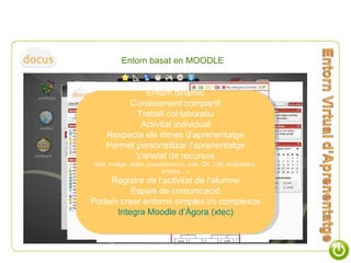 Entorn basat en MOODLE Entorn dinàmic Coneixement compartit Treball col·laboratiu Activitat individual Respecta els ritmes d’aprenentatge Permet personalitzar l’aprenentatge Varietat de recursos (text, imatge, vídeo, presentacions, Jclic, QV, LIM, Hotpotatoe, embed …) Registre de l’activitat de l’alumne Espais de comunicació Podem crear entorns simples i/o complexos Integra Moodle d’Àgora (xtec) Entorn Virtual d’Aprenentatge 