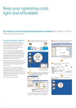 Keep your operating costs
light and affordable
By creating a smart and organised paperless workspace, DocuWorks 7 lifts the
load on your bottom lines.
6
Document Tray Option* (Optional)
DocuWorks 7 makes information sharing
easy and intuitive. This is done via electronic
document trays that facilitate smooth
document delivery among colleagues and
managers in your organisation.
These document trays are equipped with a
pop-up notification feature which gives users
an instinctive view of the file sharing activities,
showing the number of documents that are
currently placed in tray and sounding off an
alert when new documents come in.
Requests and instructions for the next user can
also be added within the documents via stamps
and sticky notes, before placing them in the
allocated tray.
Furthermore, the Document Tray Option
software can be easily linked up to a Fuji Xerox
multifunction device for easy retrieval and
management of electronic fax documents. This
helps to pave the way towards a more efficient
and paperless work procedure.
*Requires DocuWorks 7.2 or higher.
 