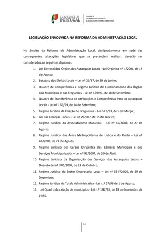 LEGISLAÇÃO ENVOLVIDA NA REFORMA DA ADMINISTRAÇÃO LOCAL


No âmbito da Reforma da Administração Local, designadamente em sede das
consequentes alterações legislativas que se pretendem realizar, deverão ser
considerados os seguintes diplomas:
      1.   Lei Eleitoral dos Órgãos das Autarquias Locais - Lei Orgânica nº 1/2001, de 14
           de Agosto;
      2.   Estatuto dos Eleitos Locais – Lei nº 29/87, de 30 de Junho;
      3.   Quadro de Competências e Regime Jurídico de Funcionamento dos Órgãos
           dos Municípios e das Freguesias - Lei nº 169/99, de 18 de Setembro;
      4.   Quadro de Transferência de Atribuições e Competências Para as Autarquias
           Locais - Lei nº 159/99, de 14 de Setembro;
      5.   Regime Jurídico da Criação de Freguesias – Lei nº 8/93, de 5 de Março;
      6.   Lei das Finanças Locais – Lei nº 2/2007, de 15 de Janeiro;
      7.   Regime Jurídico do Associativismo Municipal – Lei nº 45/2008, de 27 de
           Agosto;
      8.   Regime Jurídico das Áreas Metropolitanas de Lisboa e do Porto – Lei nº
           46/2008, de 27 de Agosto;
      9.   Regime Jurídico dos Cargos Dirigentes das Câmaras Municipais e dos
           Serviços Municipalizados – Lei nº 93/2004, de 20 de Abril;
      10. Regime Jurídico da Organização dos Serviços das Autarquias Locais –
           Decreto-Lei nº 305/2009, de 23 de Outubro;
      11. Regime Jurídico do Sector Empresarial Local – Lei nº 53-F/2006, de 29 de
           Dezembro;
      12. Regime Jurídico da Tutela Administrativa - Lei n.º 27/96 de 1 de Agosto;
      13. Lei Quadro da criação de municípios - Lei n.º 142/85, de 18 de Novembro de
           1985.




                                            14
 
