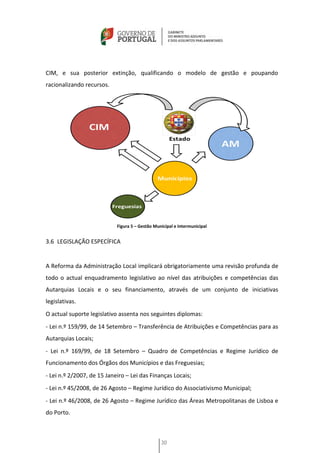 CIM, e sua posterior extinção, qualificando o modelo de gestão e poupando
racionalizando recursos.




                            Figura 5 – Gestão Municipal e Intermunicipal


3.6 LEGISLAÇÃO ESPECÍFICA


A Reforma da Administração Local implicará obrigatoriamente uma revisão profunda de
todo o actual enquadramento legislativo ao nível das atribuições e competências das
Autarquias Locais e o seu financiamento, através de um conjunto de iniciativas
legislativas.
O actual suporte legislativo assenta nos seguintes diplomas:
- Lei n.º 159/99, de 14 Setembro – Transferência de Atribuições e Competências para as
Autarquias Locais;
- Lei n.º 169/99, de 18 Setembro – Quadro de Competências e Regime Jurídico de
Funcionamento dos Órgãos dos Municípios e das Freguesias;
- Lei n.º 2/2007, de 15 Janeiro – Lei das Finanças Locais;
- Lei n.º 45/2008, de 26 Agosto – Regime Jurídico do Associativismo Municipal;
- Lei n.º 46/2008, de 26 Agosto – Regime Jurídico das Áreas Metropolitanas de Lisboa e
do Porto.



                                                 30
 