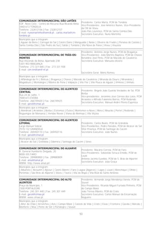 COMUNIDADE INTERMUNICIPAL DÃO LAFÕES
                                                          Presidente: Carlos Marta, PCM de Tondela
EDF. Novo Ciclo - Centro de Recurso Rua Ricardo Mota
                                                          Vice-Presidentes: José Américo Nunes, Vice-Presidente
3460-613 TONDELA
                                                          da CM de Viseu
Telefone: 232812156 | Fax: 232812157
                                                          João Pais Lourenço, PCM de Santa Comba Dão
E-mail: nunomartinho@amrdl.pt , carlos.marta@cm-
                                                          Secretário Executivo: Nuno Martinho
tondela.pt
Municípios que a integram:
| Aguiar da Beira | Carregal do Sal | Castro Daire | Mangualde | Nelas | Oliveira de Frades | Penalva do Castelo |
Santa Comba Dão | São Pedro do Sul | Sátão | Tondela | Vila Nova de Paiva | Viseu | Vouzela

                                                          Presidente: António Jorge Nunes, PCM de Bragança
COMUNIDADE INTERMUNICIPAL DE TRÁS-OS-                     Vice-Presidentes: João Martins Baptista, PCM de Chaves
MONTES                                                    Beraldino José Pinto, PCM de Macedo de Cavaleiros
Rua Visconde da Bolsa, Apartado 238                       Secretária Executiva: Manuela oliveira
5301-903 BRAGANÇA
Telefone: 273 327 680 | Fax: 273 331 938
E-mail: cim-tm@amtf-nt.pt
                                                          Secretário Geral: Mário Romeu
Municípios que a integram:
| Alfândega da Fé | Boticas | Bragança | Chaves | Macedo de Cavaleiros | Miranda do Douro | Mirandela |
Mogadouro | Montalegre | Ribeira de Pena | Valpaços | Vila Flor | Vila Pouca de Aguiar | Vimioso | Vinhais

COMUNIDADE INTERMUNICIPAL DO ALENTEJO
                                                          Presidente: Ângelo João Guarda Verdades de Sá, PCM
CENTRAL
                                                          Borba
Rua 24 de Julho, 1
                                                          Vice-presidentes: Jerónimo José Correia dos Loios, PCM
7000-673 ÉVORA
                                                          Arraiolos e Alfredo Falamino Barros, PCM Redondo
Telefone: 266749420 | Fax: 266749425
                                                          Secretário-Executivo: Manuel André Piteira Espenica
E-mail: geral@cimac.pt
Municípios que a integram:
| Alandroal | Arraiolos | Borba | Estremoz | Évora | Montemor-o-Novo | Mora | Mourão | Portel | Redondo |
Reguengos de Monsaraz | Vendas Novas | Viana do Alentejo | Vila Viçosa

COMUNIDADE INTERMUNICIPAL DO ALENTEJO
LITORAL                                                   Presidente: Carlos Beato, PCM de Grândola
Largo Manuel Sobral                                       Vice-Presidentes: Pedro Paredes, PCM de Alcácer do Sal
7570-132 GRANDOLA                                         Vítor Proença, PCM de Santiago do Cacém
Telefone: 269450110 | Fax: 269450116                      Secretário Executivo: João Nunes
E-mail: geral@cimal.pt
Municípios que a integram:
| Alcácer do Sal | Grândola | Odemira | Santiago do Cacém | Sines

COMUNIDADE INTERMUNICIPAL DO ALGARVE
                                                          Presidente: Macário Correia, PCM de Faro
R. General Humberto Delgado, 20
                                                          Vice-Presidentes: Sebastião Seruca Emídio, PCM de
8000-355 FARO
                                                          Loulé
Telefone: 289880800 | Fax: 289880809
                                                          António Jacinto Eusébio, PCM de S. Brás de Alportel
E-mail: amal@amal.pt
                                                          Secretário Executivo: João Graça
WWW: http://www.amal.pt/
Municípios que a integram:
| Albufeira | Alcoutim | Aljezur | Castro Marim | Faro | Lagoa (Algarve) | Lagos | Loulé | Monchique | Olhão |
Portimão | São Brás de Alportel | Silves | Tavira | Vila do Bispo | Vila Real de Santo António

COMUNIDADE INTERMUNICIPAL DO ALTO                         Presidente: Armando Jorge Mendonça Varela, PCM de
ALENTEJO                                                  Sousel
Praça do Município, 1                                     Vice Presidentes: Ricardo Miguel Furtado Pinheiro, PCM
7300 PORTALEGRE                                           de Campo Maior
Telefone: 245 301 440 | Fax: 245 301 449                  João Teresa Ribeiro, PCM do Crato
E-mail: geral@cimaa.pt                                    Secretário Executivo: Carlos Manuel da Encarnação
WWW: www.cimaa.pt                                         Nogueiro
Municípios que a integram:
| Alter do Chão | Arronches | Avis | Campo Maior | Castelo de Vide | Crato | Elvas | Fronteira | Gavião | Marvão |
Monforte | Nisa | Ponte de Sôr | Portalegre | Sousel

                                                        53
 