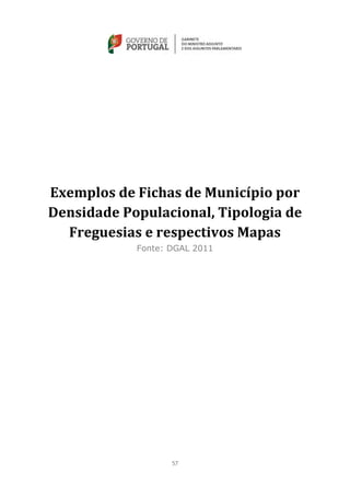 Exemplos de Fichas de Município por
Densidade Populacional, Tipologia de
  Freguesias e respectivos Mapas
            Fonte: DGAL 2011




                   57
 