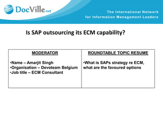 Is SAP outsourcing its ECM capability?


          MODERATOR                  ROUNDTABLE TOPIC RESUME

•Name – Amarjit Singh              •What is SAPs strategy re ECM,
•Organisation – Devoteam Belgium   what are the favoured options
•Job title – ECM Consultant
 