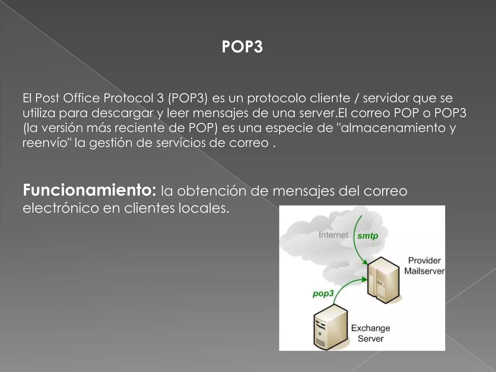 POP3El Post Office Protocol 3 (POP3) es un protocolo cliente / servidor que se utiliza para descargar y leer mensajes de una server.El correo POP o POP3 (la versión más reciente de POP) es una especie de "almacenamiento y reenvío" la gestión de servicios de correo . Funcionamiento: la obtención de mensajes del correo electrónico en clientes locales.