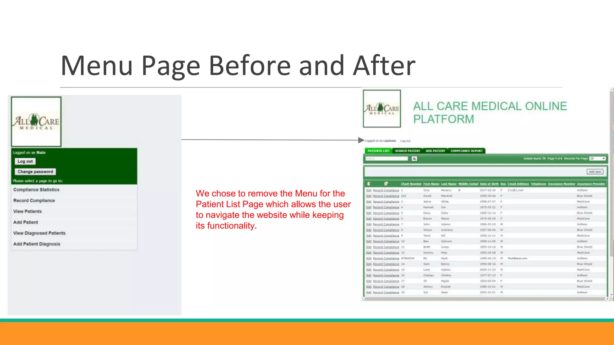 Menu Page Before and After
We chose to remove the Menu for the
Patient List Page which allows the user
to navigate the website while keeping
its functionality.
 