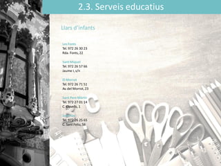 2.3. Serveis educatius
LesFonts
Tel. 972 26 30 23
Rda. Fonts,22
SantMiquel
Tel. 972 26 57 66
Jaume I, s/n
El Morrot
Tel. 972 26 71 51
Av. del Morrot, 23
Sant Pere Màrtir
Tel. 972 27 01 14
C. Clavells, 1
SantRoc
Tel. 972 26 25 65
C. Sant Feliu,56
Llars d’infants
 