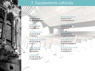 7. Equipaments culturals
Casal Marià
Tel. 972 27 30 19
Pg. BisbeGuillaumet,7
Sala el Torin
Tel. 972 27 27 77
C. del Roser,19
Orfeó PopularOlotí
Tel. 972 26 96 66
C. Bellaire,4
Biblioteca Marià Vayreda
Tel. 972 26 11 48
C. Pati,2
TeatreMunicipal
Tel. 972 27 91 38
Pg. d’en Blay,5
CinemesOlot
Tel. 972 27 44 46
C. Josep Ayats, 10
Museu casa Trincheria
Tel. 972 27 27 77
C. de Sant Esteve,29
Museu de la Garrotxa
Tel. 972 27 11 66
C. Hospici, 8
Museu dels Sants
Tel. 972 26 67 91
C. Joaquim Vayreda,9
Museu dels Volcans
Tel. 972 26 67 62
Av. de Santa Coloma, 43
Centre Cultural elsCatòlics
Tel. 972 26 15 52
C. dels Clivillers,7
 