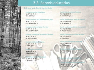 3.3. Serveis educatius
Educació infantil i primària
Escola Montpalau d’Argelaguer
Tel. 972 28 70 59
Ctra. D’Olot s/n
Escola Castellroc de Castellfollit de laRoca
Tel. 972 29 41 28
Ctra. Vella ’Oǳ, 4
Escola Verntallat de la Vall d’en Bas
Tel. 972 69 32 09
Ctra. Sant Privat,s/n
Escola St. Cristòfol de les Planesd’Hostoles
Tel. 972 44 80 41
Av. Narcís Arnau, 2
Escola la Bòbila de Les Preses
Tel. 972 68 25 40
C. de la Mata,2
Escola Finestres de Mieres
Tel. 972 68 04 62
C. Can Caló,s/n
Escola Mont Cós-ZERMontagut
Tel. 972 68 75 35
C. Escoles, 1
Escola Lluís Castells de Riudaura
Tel. 972 26 69 44
C. Joan Castanyer, 12
Escola Rocalba de St. Feliu de Pallerols
Tel. 972 44 40 96
C. de les Valls, 15
Escola Les Escomes-ZER St. Jaume de Ll.
Tel. 972 68 74 01
C. Àngela Brutau,1
Escola Castanyer de St. Joan les Fonts
Tel. 972 29 07 77
C. Castanyer,4
Escola Joan Maragall de Santa Pau
Tel. 972 68 00 59
C. l’Escola,s/n
Escola Joan Roura-ZER de Tortellà
Tel. 972 68 71 15
C. Sallés, s/n
Educació secundària
Institut Salvador Vilarrassa de Besalú
Tel. 972 59 01 09
Pg. Pare Pujiula,29.
 