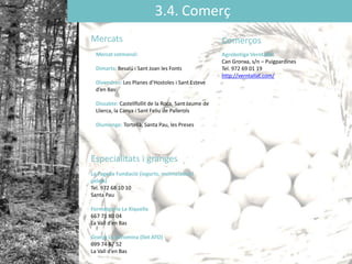 3.4. Comerç
Dimarts: Besalú i Sant Joan les Fonts
Divendres: Les Planes d’Hostoles i Sant Esteve
d’en Bas
Dissabte: Castellfollit de la Roca, Sant Jaume de
Llierca, la Canya i Sant Feliu de Pallerols
Diumenge: Tortellà, Santa Pau, les Preses
Mercats
Mercat setmanal:
Comerços
Agrobotiga Verntallat
Can Gronxa, s/n – Puigpardines
Tel. 972 69 01 19
http://verntallat.com/
Especialitats i granges
La Fageda Fundació (iogurts, melmelades i
gelats)
Tel. 972 68 10 10
Santa Pau
Formatgeria La Xiquella
667 71 80 04
La Vall d’en Bas
Granja La Coromina (llet ATO)
699 74 67 52
La Vall d’en Bas
 