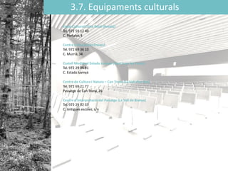 3.7. Equipaments culturals
Espai Cultural Cúria Reial (Besalú)
Tel. 972 59 12 40
C. Portalet,4
Centre Cultural (les Preses)
Tel. 972 69 36 10
C. Murrià,34
Castell Medieval Estada Juvinyà (Sant Joan les Fonts)
Tel. 972 29 05 91
C. EstadaJuvinyà
Centre de Cultura i Natura – Can Trona (La Vall d’en Bas)
Tel. 972 69 21 77
Passatge de Can Trona, 26
Centre d’Interpretació del Paisatge (La Vall de Bianya)
Tel. 972 29 02 33
C. Antigues escoles, s/n
 