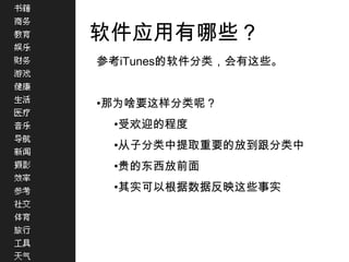软件应用有哪些？参考iTunes的软件分类，会有这些。那为啥要这样分类呢？