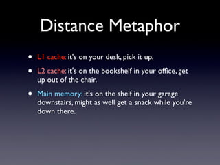 Distance Metaphor
•
•

L1 cache: it's on your desk, pick it up.

•

Main memory: it's on the shelf in your garage
downstairs, might as well get a snack while you're
down there.

L2 cache: it's on the bookshelf in your ofﬁce, get
up out of the chair.

 