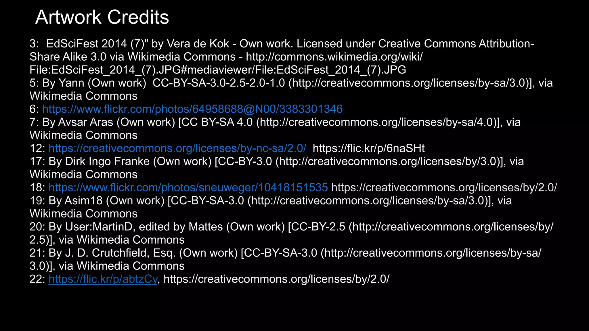 Artwork Credits
3: "EdSciFest 2014 (7)" by Vera de Kok - Own work. Licensed under Creative Commons Attribution-
Share Alike 3.0 via Wikimedia Commons - http://commons.wikimedia.org/wiki/
File:EdSciFest_2014_(7).JPG#mediaviewer/File:EdSciFest_2014_(7).JPG
5: By Yann (Own work) CC-BY-SA-3.0-2.5-2.0-1.0 (http://creativecommons.org/licenses/by-sa/3.0)], via
Wikimedia Commons
6: https://www.flickr.com/photos/64958688@N00/3383301346
7: By Avsar Aras (Own work) [CC BY-SA 4.0 (http://creativecommons.org/licenses/by-sa/4.0)], via
Wikimedia Commons
12: https://creativecommons.org/licenses/by-nc-sa/2.0/ https://flic.kr/p/6naSHt
17: By Dirk Ingo Franke (Own work) [CC-BY-3.0 (http://creativecommons.org/licenses/by/3.0)], via
Wikimedia Commons
18: https://www.flickr.com/photos/sneuweger/10418151535 https://creativecommons.org/licenses/by/2.0/
19: By Asim18 (Own work) [CC-BY-SA-3.0 (http://creativecommons.org/licenses/by-sa/3.0)], via
Wikimedia Commons
20: By User:MartinD, edited by Mattes (Own work) [CC-BY-2.5 (http://creativecommons.org/licenses/by/
2.5)], via Wikimedia Commons
21: By J. D. Crutchfield, Esq. (Own work) [CC-BY-SA-3.0 (http://creativecommons.org/licenses/by-sa/
3.0)], via Wikimedia Commons
22: https://flic.kr/p/abtzCy, https://creativecommons.org/licenses/by/2.0/
 