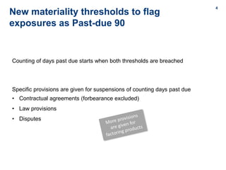 4
4
New materiality thresholds to flag
exposures as Past-due 90
Counting of days past due starts when both thresholds are breached
Specific provisions are given for suspensions of counting days past due
• Contractual agreements (forbearance excluded)
• Law provisions
• Disputes
 