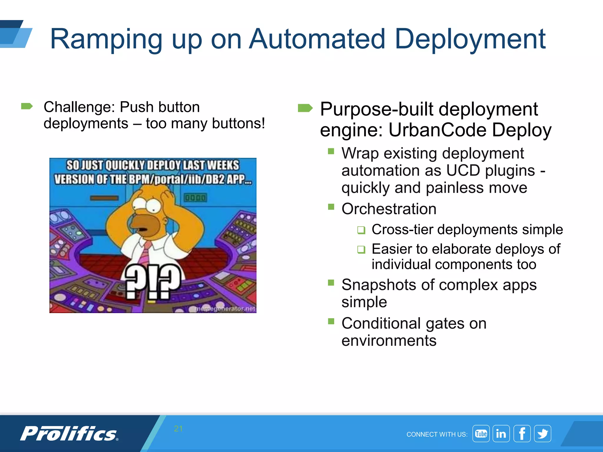 CONNECT WITH US:
Ramping up on Automated Deployment
 Challenge: Push button
deployments – too many buttons!
 Purpose-built deployment
engine: UrbanCode Deploy
 Wrap existing deployment
automation as UCD plugins -
quickly and painless move
 Orchestration
 Cross-tier deployments simple
 Easier to elaborate deploys of
individual components too
 Snapshots of complex apps
simple
 Conditional gates on
environments
21
 