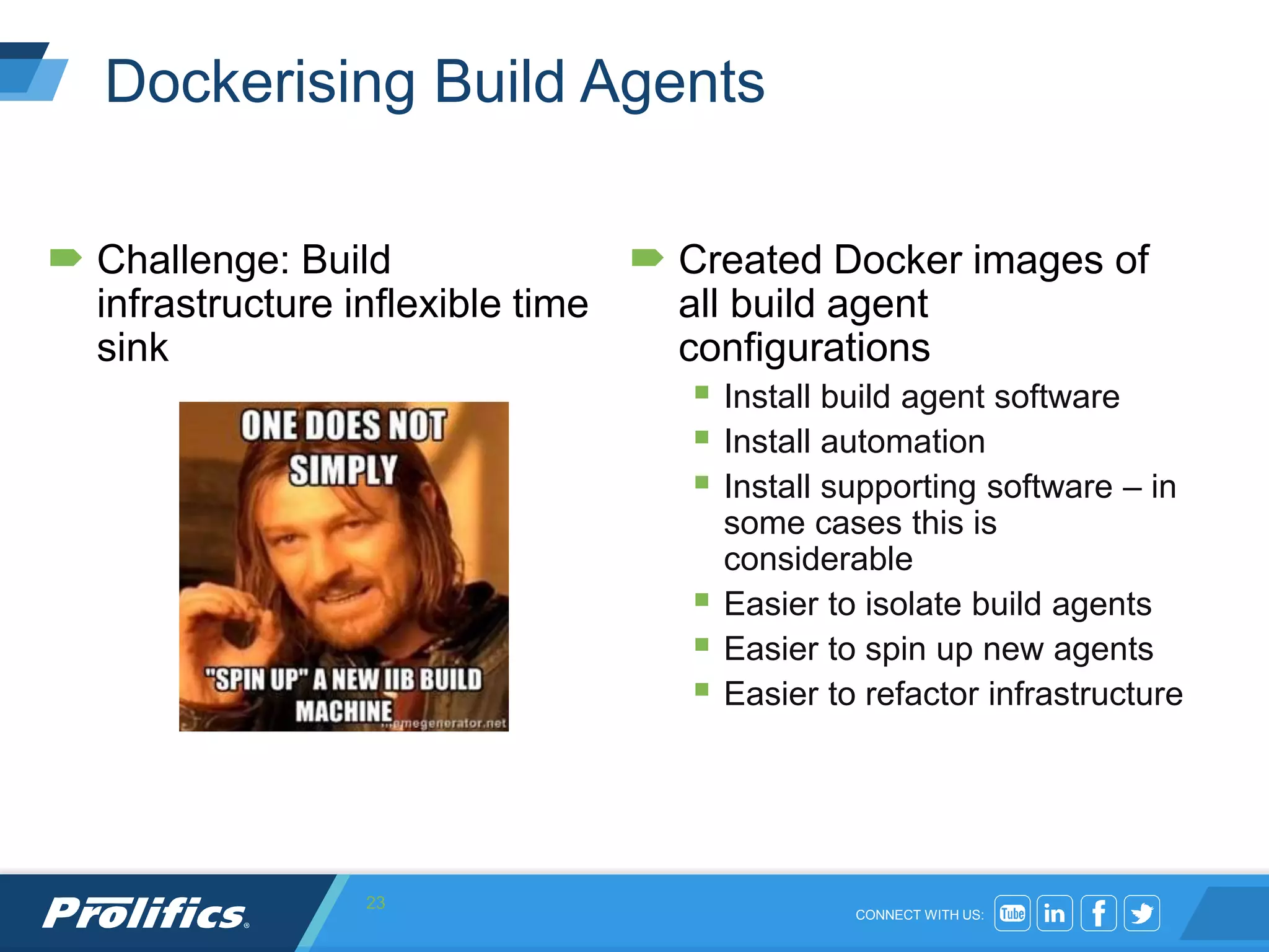 CONNECT WITH US:
Dockerising Build Agents
 Challenge: Build
infrastructure inflexible time
sink
 Created Docker images of
all build agent
configurations
 Install build agent software
 Install automation
 Install supporting software – in
some cases this is
considerable
 Easier to isolate build agents
 Easier to spin up new agents
 Easier to refactor infrastructure
23
 