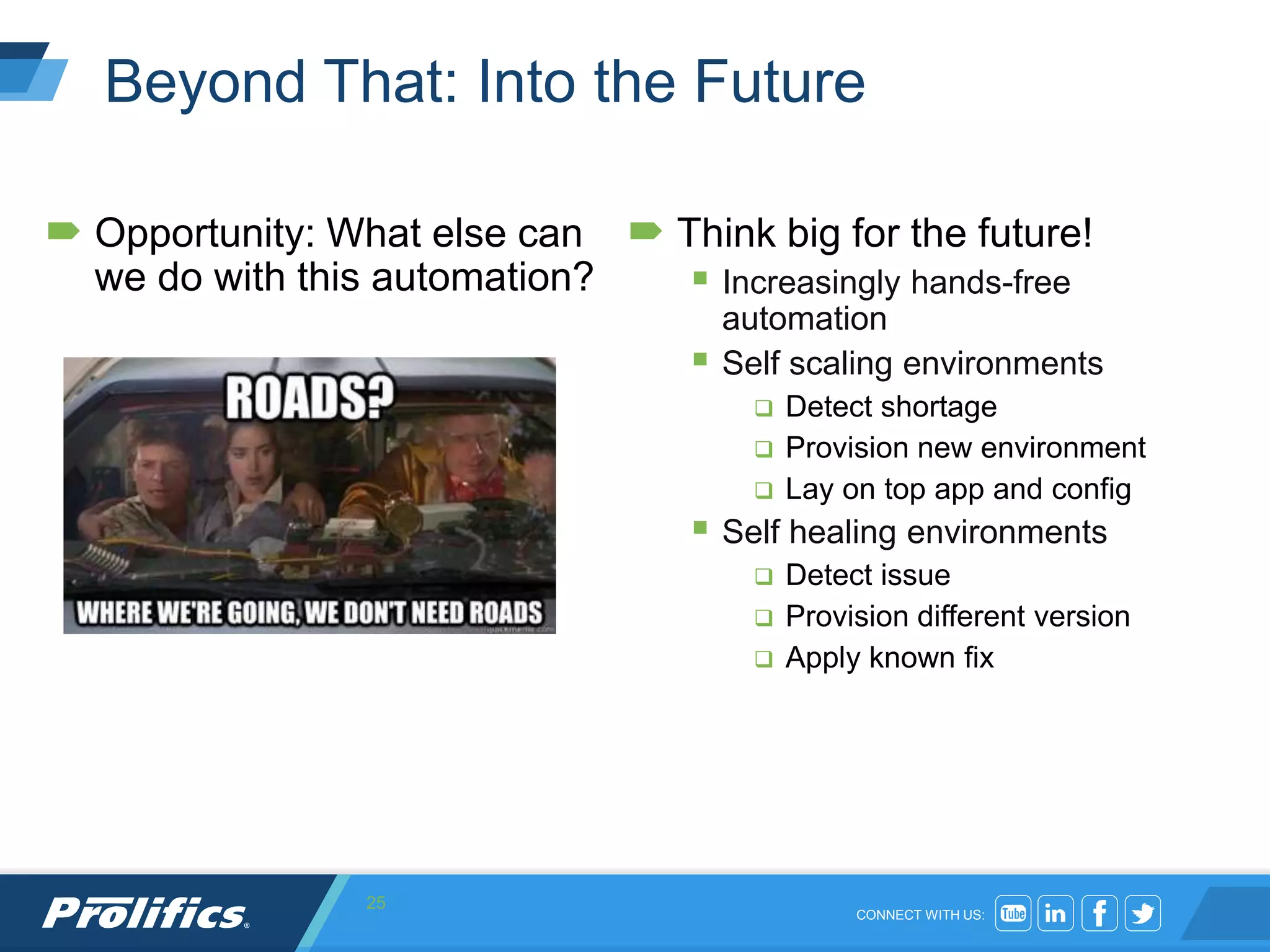 CONNECT WITH US:
Beyond That: Into the Future
 Opportunity: What else can
we do with this automation?
 Think big for the future!
 Increasingly hands-free
automation
 Self scaling environments
 Detect shortage
 Provision new environment
 Lay on top app and config
 Self healing environments
 Detect issue
 Provision different version
 Apply known fix
25
 