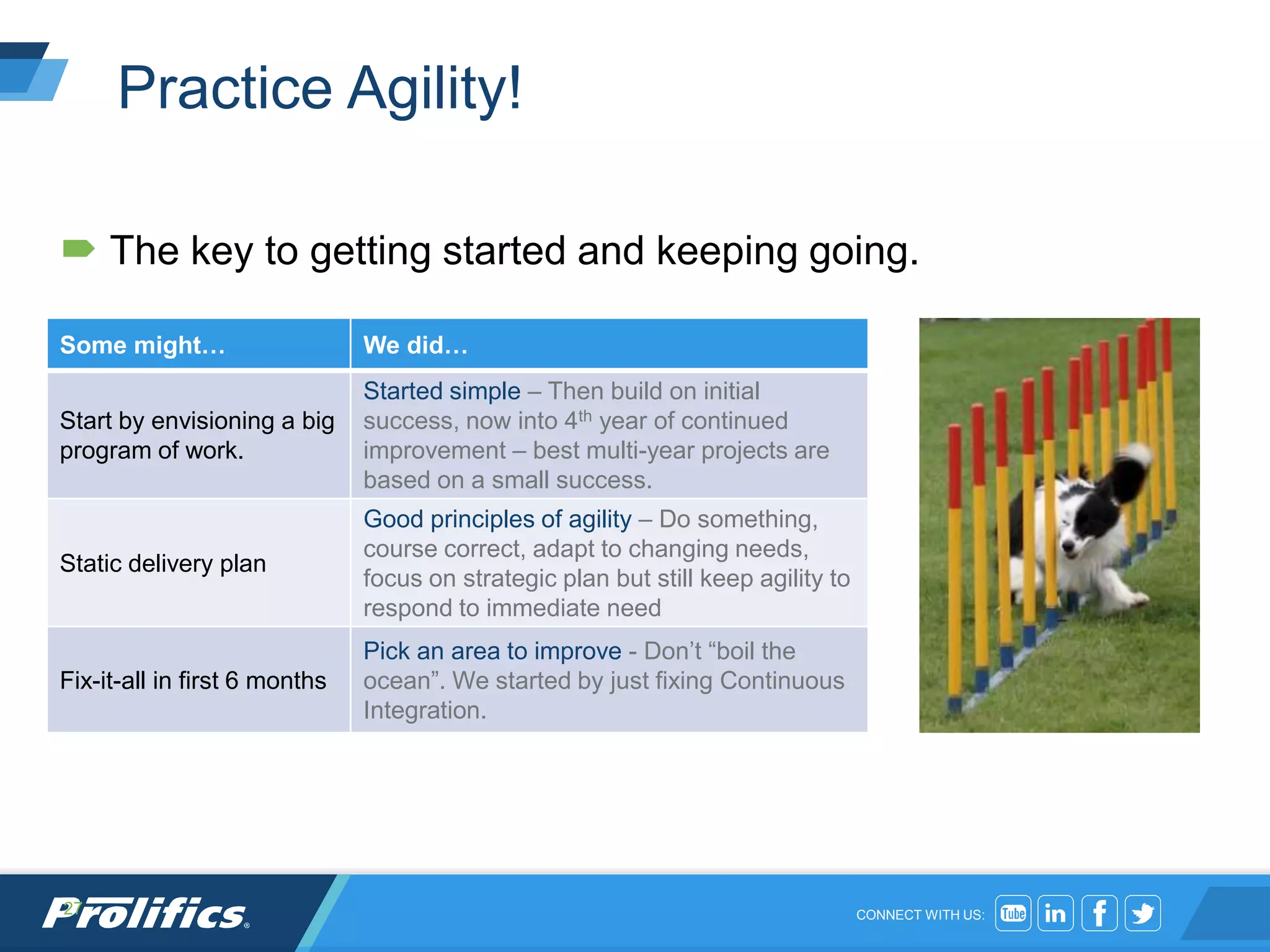 CONNECT WITH US:
Practice Agility!
 The key to getting started and keeping going.
27
Some might… We did…
Start by envisioning a big
program of work.
Started simple – Then build on initial
success, now into 4th year of continued
improvement – best multi-year projects are
based on a small success.
Static delivery plan
Good principles of agility – Do something,
course correct, adapt to changing needs,
focus on strategic plan but still keep agility to
respond to immediate need
Fix-it-all in first 6 months
Pick an area to improve - Don’t “boil the
ocean”. We started by just fixing Continuous
Integration.
 