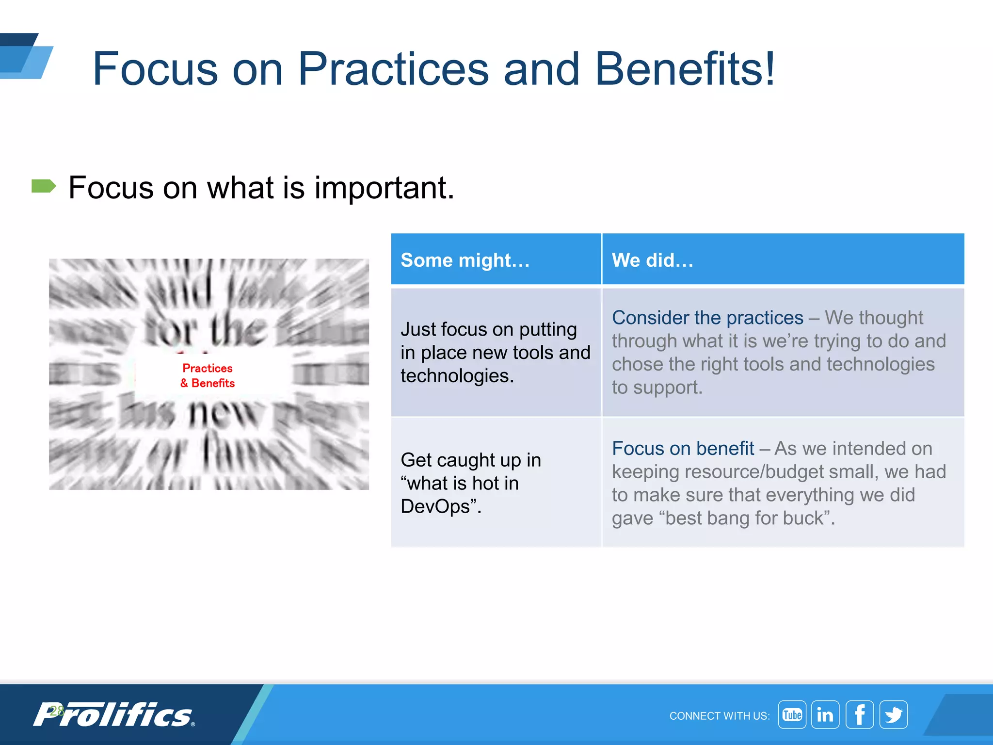 CONNECT WITH US:
Focus on Practices and Benefits!
 Focus on what is important.
28
Some might… We did…
Just focus on putting
in place new tools and
technologies.
Consider the practices – We thought
through what it is we’re trying to do and
chose the right tools and technologies
to support.
Get caught up in
“what is hot in
DevOps”.
Focus on benefit – As we intended on
keeping resource/budget small, we had
to make sure that everything we did
gave “best bang for buck”.
Practices
& Benefits
 