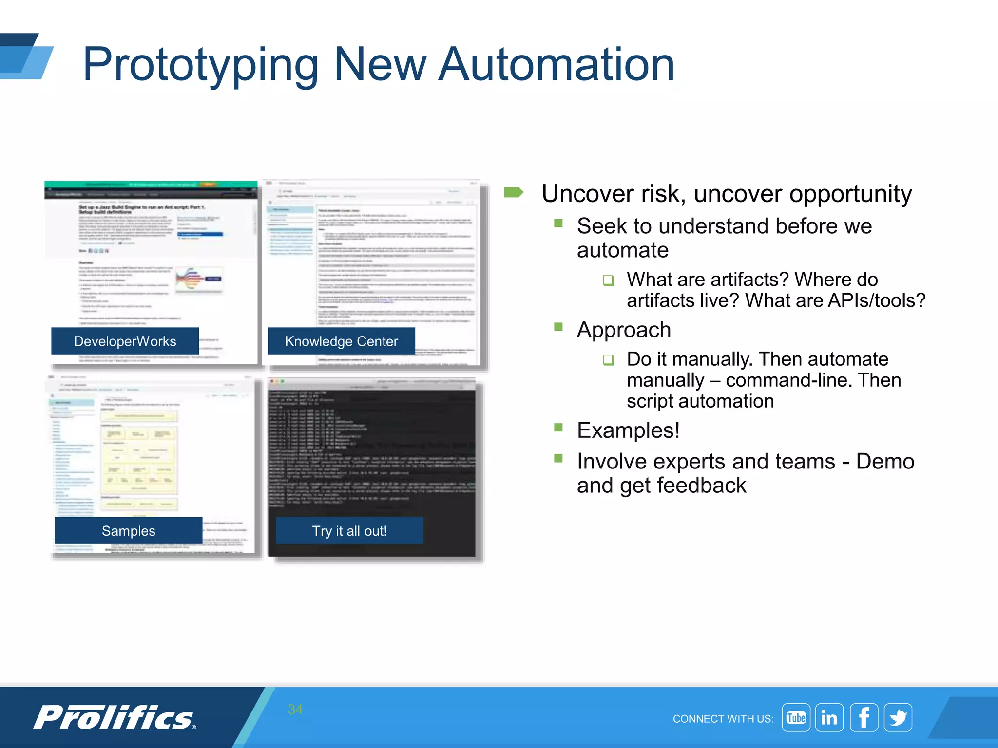 CONNECT WITH US:
Prototyping New Automation
 Uncover risk, uncover opportunity
 Seek to understand before we
automate
 What are artifacts? Where do
artifacts live? What are APIs/tools?
 Approach
 Do it manually. Then automate
manually – command-line. Then
script automation
 Examples!
 Involve experts and teams - Demo
and get feedback
34
DeveloperWorks Knowledge Center
Samples Try it all out!
 