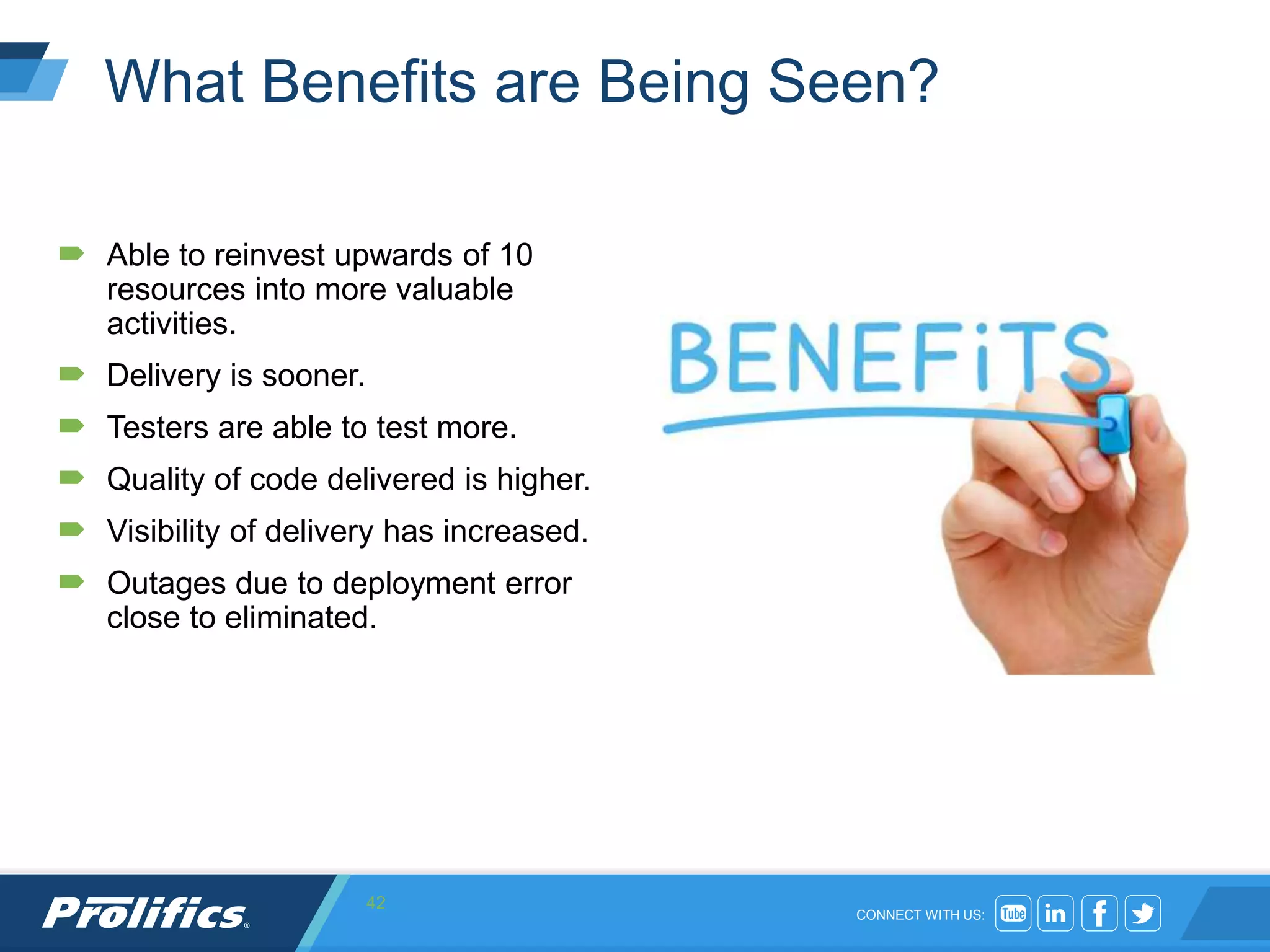 CONNECT WITH US:
What Benefits are Being Seen?
 Able to reinvest upwards of 10
resources into more valuable
activities.
 Delivery is sooner.
 Testers are able to test more.
 Quality of code delivered is higher.
 Visibility of delivery has increased.
 Outages due to deployment error
close to eliminated.
42
 