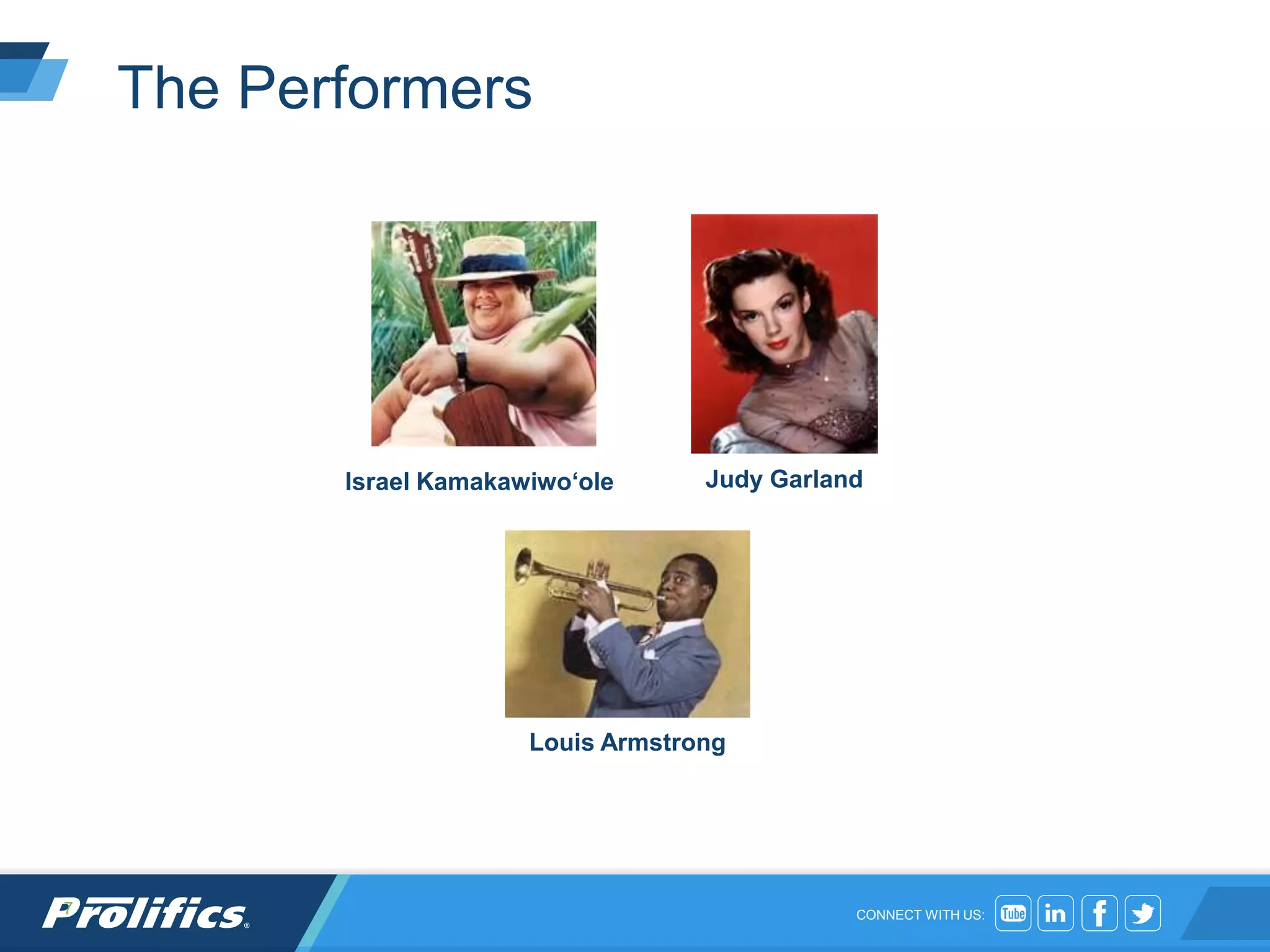 CONNECT WITH US:
The Performers
7
Israel Kamakawiwoʻole
Louis Armstrong
Judy Garland
 