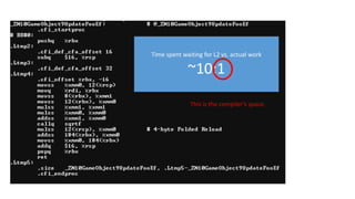 Time spent waiting for L2 vs. actual work
~10:1
This is the compiler’s space.
 