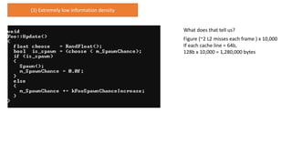 (3) Extremely low information density
What does that tell us?
Figure (~2 L2 misses each frame ) x 10,000
If each cache line = 64b,
128b x 10,000 = 1,280,000 bytes
 