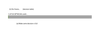 (1) Per-frame…
1 of 512 (8*64) bits used…
(decision table)
(a) Make same decision x 512
 