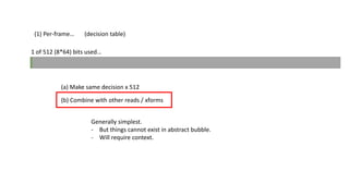 (1) Per-frame…
1 of 512 (8*64) bits used…
(decision table)
(a) Make same decision x 512
(b) Combine with other reads / xforms
Generally simplest.
- But things cannot exist in abstract bubble.
- Will require context.
 