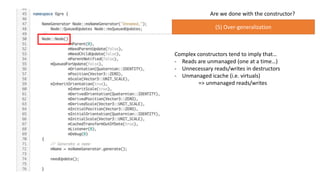 Are we done with the constructor?
(5) Over-generalization
Complex constructors tend to imply that…
- Reads are unmanaged (one at a time…)
- Unnecessary reads/writes in destructors
- Unmanaged icache (i.e. virtuals)
=> unmanaged reads/writes
 