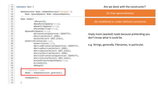 Are we done with the constructor?
(5) Over-generalization
(6) Undefined or under-defined constraints
Imply more (wasted) reads because pretending you
don’t know what it could be.
e.g. Strings, generally. Filenames, in particular.
 