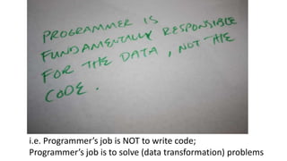 i.e. Programmer’s job is NOT to write code;
Programmer’s job is to solve (data transformation) problems
 