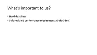 What’s important to us?
• Hard deadlines
• Soft realtime performance requirements (Soft=33ms)
 