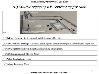 UNCLASSIFIED//FOR OFFICIAL USE ONLY

          (U) Multi-Frequency RF Vehicle Stopper cont.




(U)


(U) Delivery System: Self-contained, mobile/transportable system.

(FOUO) Collateral Damage: Collateral effects against unintended targets in the immediate target area.

(FOUO) Counter Measures: Shielding or hardening of equipment.

(FOUO) Environmental Effects: None

(U) Policy Implications: None

(U) Unique Logistics: None

                                                                                                 81
                              UNCLASSIFIED//FOR OFFICIAL USE ONLY
 