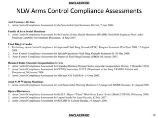 UNCLASSIFIED

       NLW Arms Control Compliance Assessments
Anti-Swimmer Air Gun
1. Arms Control Compliance Assessment for the Non-Lethal Anti-Swimmer Air Gun, 7 June 2006.

Family of Area Denial Munitions
1. Arms Control Compliance Assessment for the Family of Area Denial Munitions (NADM) Hand-Held Emplaced Non-Lethal
   Munition Capability Development Document, 14 June 2007.

Flash Bang Grenades
1. Preliminary Arms Control Compliance for Improved Flash Bang Grenade (IFBG) Program Increment III of June 2008, 12 August
   2008.
2. Arms Control Compliance Assessment for Special Operations Flash Bang Grenade Increment II, 30 May 2008.
3. Arms Control Compliance Assessment for Improved Flash Bang Grenade (IFBG), 10 January 2007.

Human Electro Muscular Incapacitation Devices
1. Arms Control Compliance Assessment for Extended Duration Human Electro-muscular Incapacitation Device, 7 December 2010.
2. Arms Control Compliance Assessment for OPNAV Instruction 3352.T (Department of the Navy TASER® Policies and
   Procedures), 30 January 2008.
3. Arms Control Compliance Assessment for M26 and X26 TASERs®, 14 June 2007.

Joint NLW Warning Munitions
1. Arms Control Compliance Assessment for Joint Non-Lethal Warning Munitions 12-Gauge and 40MM Grenades, 12 August 2008.

Optical Distractors
1. Arms Control Compliance Assessment for the B.E. Meyers "Glare" Mini-Green Laser Device (Model 532P-M), 30 January 2008.
2. Arms Control Compliance Assessment for Urgent Needs For Laser Dazzler, 12 July 2007.
3. Arms Control Compliance Assessment for the GBD-III Custom Dazzler, 10 January 2006.




                                                    UNCLASSIFIED                                                              xii
 