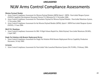 UNCLASSIFIED

      NLW Arms Control Compliance Assessments
Mission Payload Module
1. Arms Control Compliance Assessment for Mission Payload Module (MPM) Spiral 1: MPM - Non-Lethal Weapon System
   (NLWS) Capability Development Document Version 5.0, Milestone B, 21 November 2008.
2. Arms Control Compliance Assessment for Thermobaric Payload for Mission Payload Module - Non-Lethal Munitions System,
   12 November 2008.
3. Arms Control Compliance Assessment for the Mission Payload Module (MPM), Spiral 1: MPM Non-Lethal Weapons System
   (NLWS), 15 June 2006.

Mk19 NL Munitions
1. Arms Control Compliance Assessment for MK 19 High-Volume Rapid-Fire, Multi-Payload, Non-Lethal Munitions (NLMS),
   2 April 2007.

Single Net Solution with Remote Deployment Device
1. Arms Control Compliance Assessment for Single Net Solution With Remote Deployment Device Capability Production
   Document, 24 July 2009.

VENOM
1. Arms Control Compliance Assessment for Non-Lethal Tube Launched Munitions System (NL/TLMS), 2 February 2006.




                                                    UNCLASSIFIED                                                          xiii
 