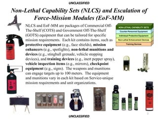 UNCLASSIFIED

Non-Lethal Capability Sets (NLCS) and Escalation of
        Force-Mission Modules (EoF-MM)
     NLCS and EoF-MM are packages of Commercial Off-              NON-LETHAL CAPABILITY SETS
     The-Shelf (COTS) and Government Off-The-Shelf                 Counter-Personnel Equipment

     (GOTS) equipment that can be tailored for specific           Individual Protective Equipment

     mission requirements. Each kit contains items, such as       Non-Lethal Enhancement Devices

     protective equipment (e.g., face shields), mission                  Training Devices


     enhancers (e.g., spotlights), non-lethal munitions and
     devices (e.g., stingball grenade, vehicle stopping
     devices), and training devices (e.g., inert pepper spray),
     vehicle inspection items (e.g., mirrors), checkpoint
     equipment (e.g., signs). The weapons and munitions
     can engage targets up to 100 meters. The equipment
     and munitions vary in each kit based on Service-unique
     mission requirements and unit organizations.




                                                                                               2
                                 UNCLASSIFIED
 