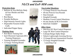 UNCLASSIFIED

                        NLCS and EoF-MM cont.
Protection Items                             Non-Lethal Munitions
• Ballistic & Non-Ballistic Body             • 12 Gauge Point & Area Rounds
    & Face Shields and Shin                  • 40 mm Point & Area Rounds
    Guards                                   • Stun Grenade
• Riot Batons                                • Stingball Grenade
• Portable Bullhorns                         • Modular Crowd Control Munitions
• High Intensity Search Lights               • 66 mm Smoke & RCA Grenades
• Disposable Forearm/Ankle                   • M26/X26 TASER®
    Cuffs
                                             Other Items
• Individual Pepper Spray
                                             • Mid-Size OC Riot Control Dispenser
Training Items                               • Large OC Riot Control Dispenser
• Riot Baton Training Suit                   • Caltrops/Stinger Spike Strips
• Inert Oleoresin Capsicum (OC)              • Vehicle Lightweight Arresting Device
    Training Dispensers                      • 12 Gauge/40 mm Ammunition Pouches
• Training Stingball Grenades                • 12 Gauge Stingball Grenade
• 12 Gauge Training Round                        Launching Cup




                                                                                 3
                                   UNCLASSIFIED
 