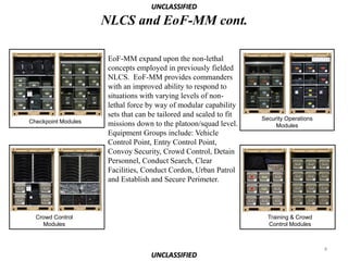 UNCLASSIFIED

                     NLCS and EoF-MM cont.

                     EoF-MM expand upon the non-lethal
                     concepts employed in previously fielded
                     NLCS. EoF-MM provides commanders
                     with an improved ability to respond to
                     situations with varying levels of non-
                     lethal force by way of modular capability
                     sets that can be tailored and scaled to fit   Security Operations
Checkpoint Modules   missions down to the platoon/squad level.          Modules
                     Equipment Groups include: Vehicle
                     Control Point, Entry Control Point,
                     Convoy Security, Crowd Control, Detain
                     Personnel, Conduct Search, Clear
                     Facilities, Conduct Cordon, Urban Patrol
                     and Establish and Secure Perimeter.



  Crowd Control                                                      Training & Crowd
    Modules                                                          Control Modules



                                                                                         4
                                   UNCLASSIFIED
 