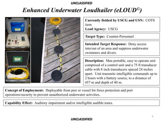 UNCLASSIFIED

           Enhanced Underwater Loudhailer (eLOUD©)
                                                      Currently fielded by USCG and USN: COTS
                                                      item.
                                                      Lead Agency: USCG

                                                      Target Type: Counter-Personnel

                                                      Intended Target Response: Deny access
                                                      into/out of an area and suppress underwater
                                                      swimmers and divers.

                                                      Description: Man portable, easy to operate unit
                                                      comprised of a control unit and a 75 ft transducer
                                                      cable with 8 inch transducers spaced 24 inches
                                                      apart. Unit transmits intelligible commands up to
                                                      2 hours with a battery source, to a distance of
                                                      457 m and depth of 40 m.

Concept of Employment: Deployable from pier or vessel for force protection and port
operations/security to prevent unauthorized underwater activities.

Capability Effect: Auditory impairment and/or intelligible audible tones.


                                                                                                    9
                                            UNCLASSIFIED
 