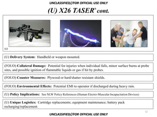 UNCLASSIFIED//FOR OFFICIAL USE ONLY
                                                                 ®
                               (U) X26 TASER cont.




(U)


(U) Delivery System: Handheld or weapon mounted.

(FOUO) Collateral Damage: Potential for injuries when individual falls, minor surface burns at probe
sites, and possible ignition of flammable liquids or gas if hit by probes.

(FOUO) Counter Measures: Plywood or hard/shatter resistant shields.

(FOUO) Environmental Effects: Potential EMI to operator if discharged during heavy rain.

(U) Policy Implications: See NLW Policy References (Human Electro-Muscular Incapacitation Devices)

(U) Unique Logistics: Cartridge replacements; equipment maintenance; battery pack
recharging/replacement.
                                                                                                     12
                                UNCLASSIFIED//FOR OFFICIAL USE ONLY
 