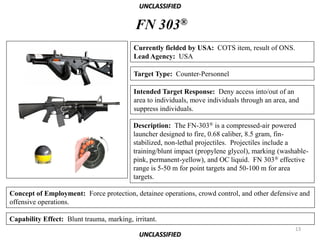 UNCLASSIFIED

                                           FN 303®
                                           Currently fielded by USA: COTS item, result of ONS.
                                           Lead Agency: USA

                                           Target Type: Counter-Personnel

                                           Intended Target Response: Deny access into/out of an
                                           area to individuals, move individuals through an area, and
                                           suppress individuals.

                                          Description: The FN-303® is a compressed-air powered
                                          launcher designed to fire, 0.68 caliber, 8.5 gram, fin-
                                          stabilized, non-lethal projectiles. Projectiles include a
                                          training/blunt impact (propylene glycol), marking (washable-
                                          pink, permanent-yellow), and OC liquid. FN 303® effective
                                          range is 5-50 m for point targets and 50-100 m for area
                                          targets.

Concept of Employment: Force protection, detainee operations, crowd control, and other defensive and
offensive operations.

Capability Effect: Blunt trauma, marking, irritant.
                                                                                                   13
                                            UNCLASSIFIED
 