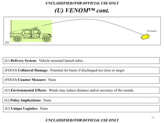 UNCLASSIFIED//FOR OFFICIAL USE ONLY

                                 (U) VENOM™ cont.


                                                                                      130 meters




(U)




(U) Delivery System: Vehicle mounted launch tubes.

(FOUO) Collateral Damage: Potential for burns if discharged too close to target.

(FOUO) Counter Measure: None

(U) Environmental Effects: Winds may reduce distance and/or accuracy of the rounds.

(U) Policy Implications: None

(U) Unique Logistics: None

                                                                                          18
                           UNCLASSIFIED//FOR OFFICIAL USE ONLY
 