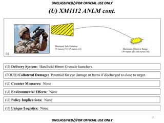 UNCLASSIFIED//FOR OFFICIAL USE ONLY

                             (U) XM1112 ANLM cont.




                                Minimum Safe Distance:
                                35 meters (T) /15 meters (O)                 Maximum Effective Range:
                                                                            150 meters (T)/350 meters (O)
(U)



(U) Delivery System: Handheld 40mm Grenade launchers.

(FOUO) Collateral Damage: Potential for eye damage or burns if discharged to close to target.

(U) Counter Measures: None

(U) Environmental Effects: None

(U) Policy Implications: None

(U) Unique Logistics: None

                                                                                                            37
                              UNCLASSIFIED//FOR OFFICIAL USE ONLY
 