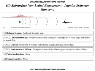 UNCLASSIFIED//FOR OFFICIAL USE ONLY
      (U) Subsurface Non-Lethal Engagement - Impulse Swimmer
                             Gun cont.




        No minimum safe engagement range                                     Maximum Effective Range: 150 meters
(U)


(U) Delivery System: Deployed from pier side.

(FOUO) Collateral Damage: Potential for auditory damage if over exposed at close range and impact
on aquatic life.

(FOUO) Counter Measures: Neoprene wetsuit may slightly attenuate noise/effect.

(FOUO) Environmental Effects: Background noise (harbor/boat engine noise) can reduce effects.

(U) Policy Implications: None

(U) Unique Logistics: None



                                                                                                              47
                                       UNCLASSIFIED//FOR OFFICIAL USE ONLY
 