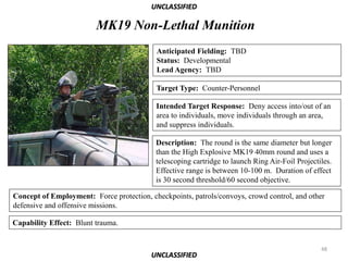 UNCLASSIFIED

                         MK19 Non-Lethal Munition
                                           Anticipated Fielding: TBD
                                           Status: Developmental
                                           Lead Agency: TBD

                                           Target Type: Counter-Personnel

                                           Intended Target Response: Deny access into/out of an
                                           area to individuals, move individuals through an area,
                                           and suppress individuals.

                                           Description: The round is the same diameter but longer
                                           than the High Explosive MK19 40mm round and uses a
                                           telescoping cartridge to launch Ring Air-Foil Projectiles.
                                           Effective range is between 10-100 m. Duration of effect
                                           is 30 second threshold/60 second objective.

Concept of Employment: Force protection, checkpoints, patrols/convoys, crowd control, and other
defensive and offensive missions.

Capability Effect: Blunt trauma.


                                                                                                 48
                                          UNCLASSIFIED
 