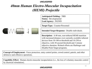 UNCLASSIFIED

        40mm Human Electro-Muscular Incapacitation
                   (HEMI) Projectile
                                              Anticipated Fielding: TBD
                                              Status: Developmental
                                              Lead Agency: JNLWD

                                              Target Type: Counter-Personnel

                                              Intended Target Response: Disable individuals.

                                              Description: A 40 mm, non-tethered HEMI munition
                                              with increased distance over currently available tethered
                                              devices from 10-100 m threshold and 10-250 m
                                              objective, with 30 second threshold and 3 minute
                                              objective duration. Related efforts are Harbinger and
                                              Disable Point Target programs.

Concept of Employment: Force protection, entry control points, crowd control, patrols, and other
defensive and offensive operations.

Capability Effect: Human electro-muscular incapacitation (i.e., the loss of voluntary muscular control
by electrical stimulation).
                                                                                                   50
                                           UNCLASSIFIED
 