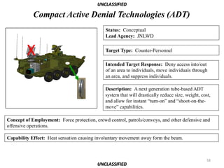 UNCLASSIFIED

            Compact Active Denial Technologies (ADT)
                                              Status: Conceptual
                                              Lead Agency: JNLWD


         X                                    Target Type: Counter-Personnel

                                              Intended Target Response: Deny access into/out
                                              of an area to individuals, move individuals through
                                              an area, and suppress individuals.

                                              Description: A next generation tube-based ADT
                                              system that will drastically reduce size, weight, cost,
                                              and allow for instant “turn-on” and “shoot-on-the-
                                              move” capabilities.

Concept of Employment: Force protection, crowd control, patrols/convoys, and other defensive and
offensive operations.

Capability Effect: Heat sensation causing involuntary movement away form the beam.



                                                                                                   58
                                          UNCLASSIFIED
 